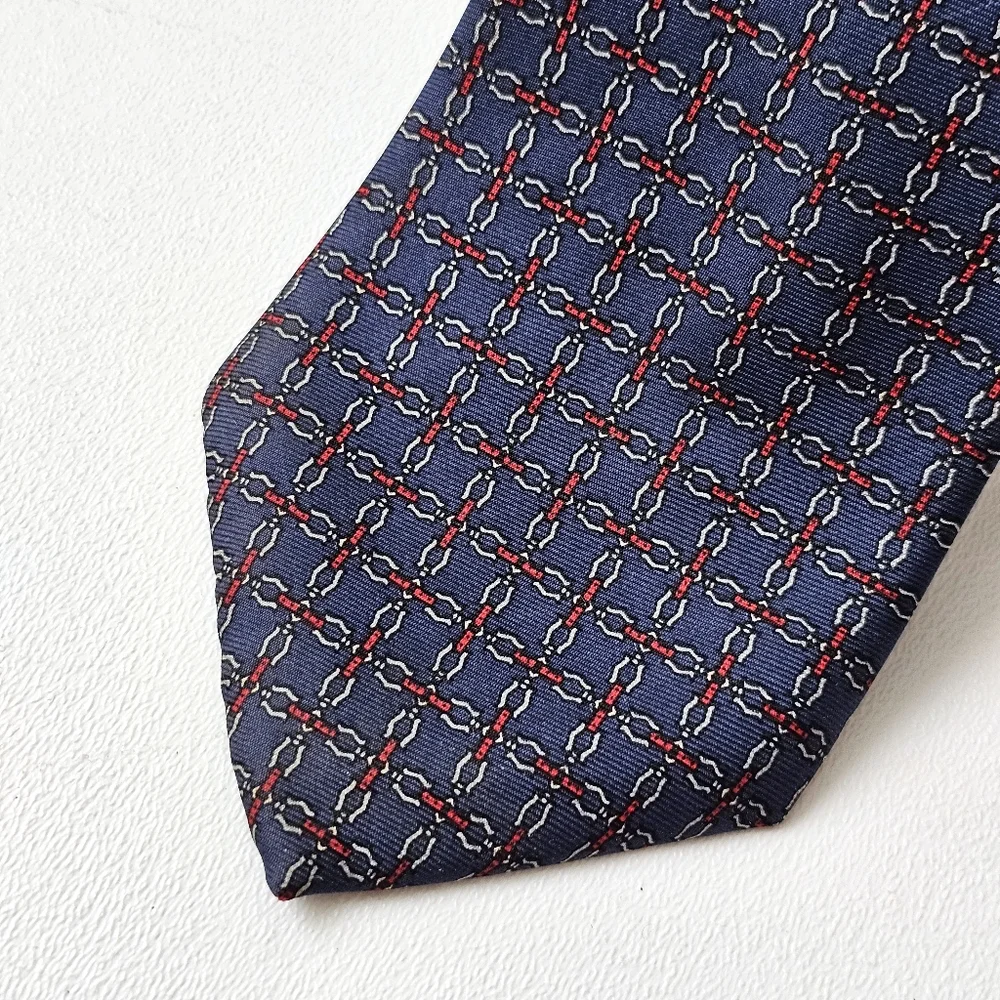 Vintage Hardy Amies London Silk Tie Navy Red Geometric Chain Pattern Luxury